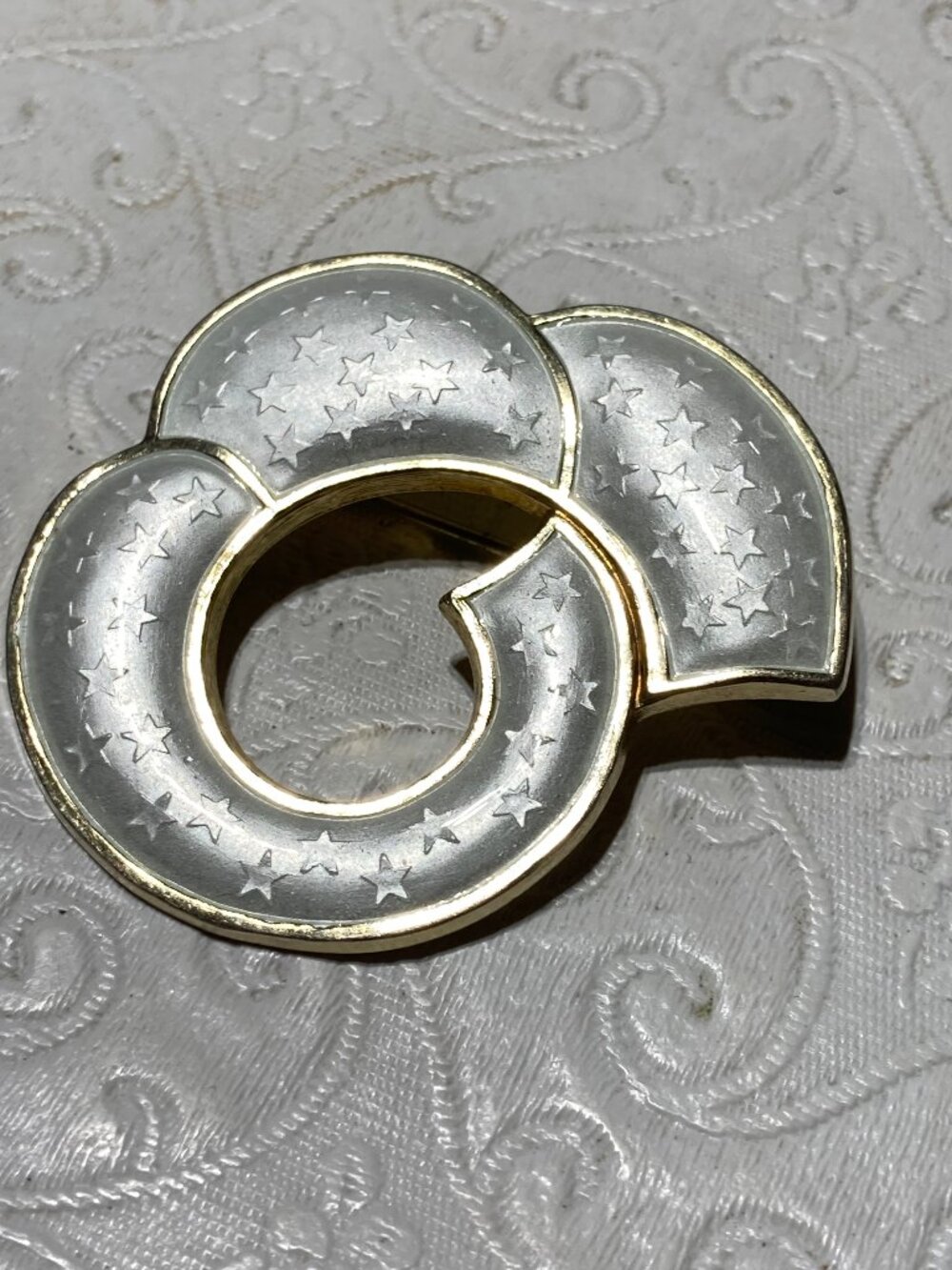 J Tostrup 925S Sterling Silver White Enamel Brooch Pin Guilloche Gilded Norway
